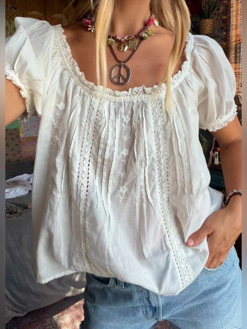 NWT NATURAL LIFE Sweet Nothings Embroidered Cotton Top Cream